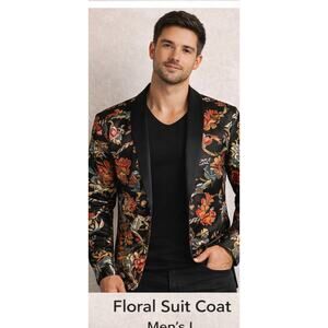 Floral Blazer Sport Coat Mens L Black Colorful Statement Jacket Casual